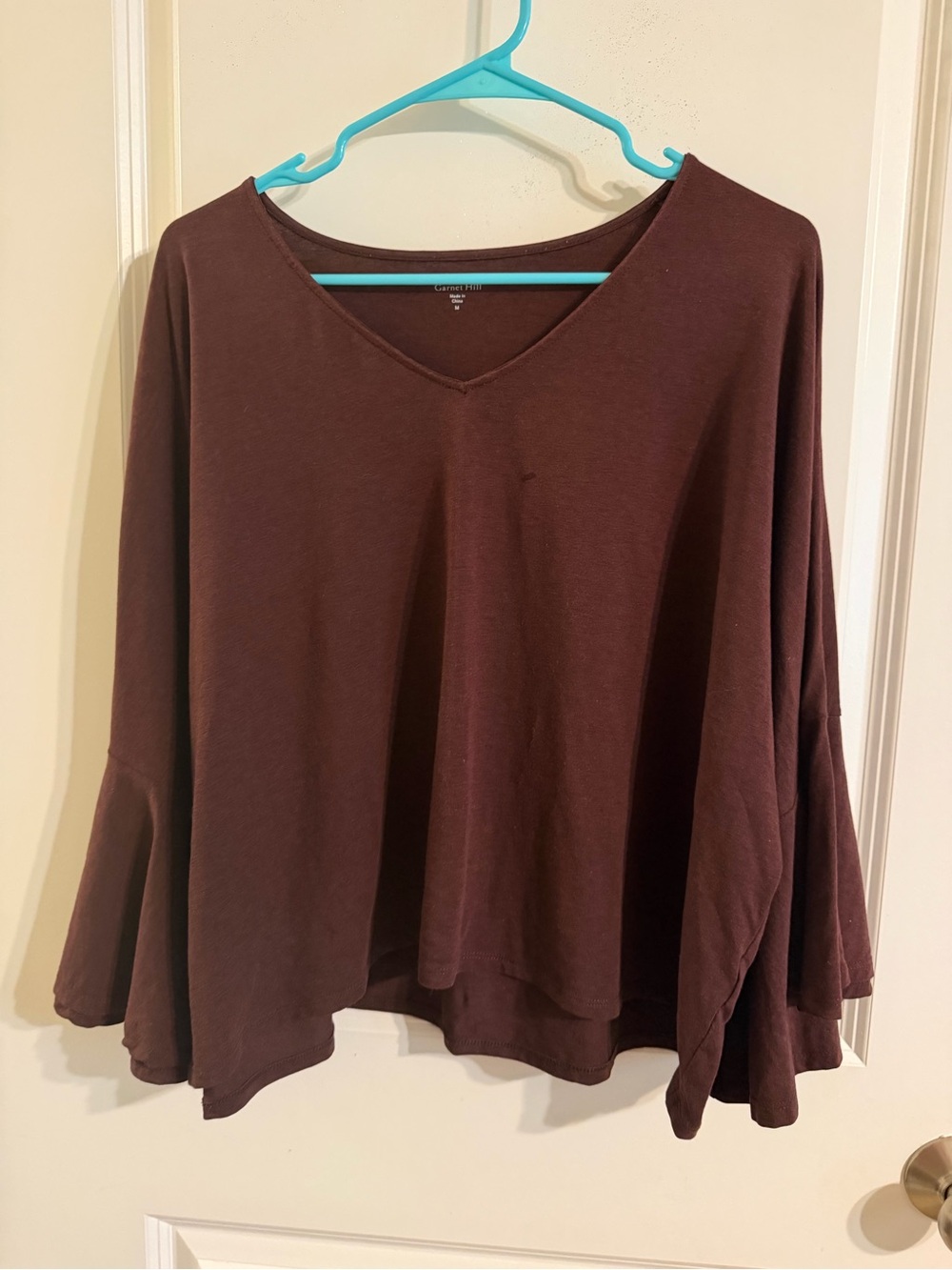 Garnet Hill Women's V-Neck Bell Sleeve Top in Deep Wine size M